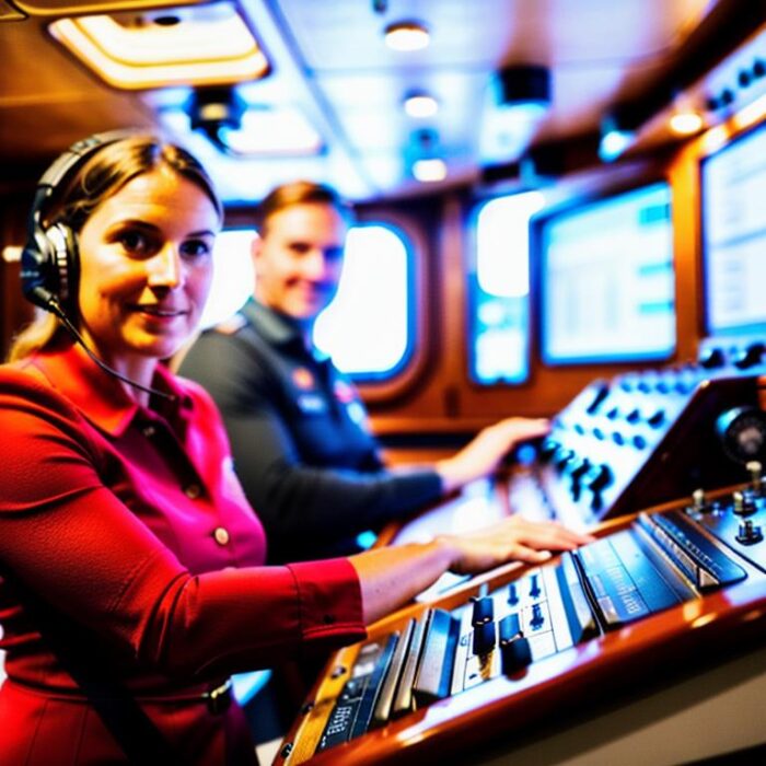 Woman at the helm of a ship, speaking on the radio.